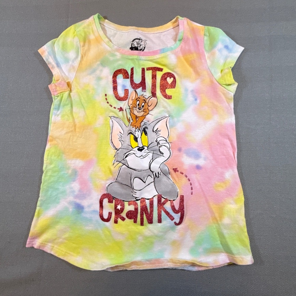 Tom and Jerry Girls Tie Dye Graphic Tee Cute But Cranky Pastel Cotton Sz 10 2126